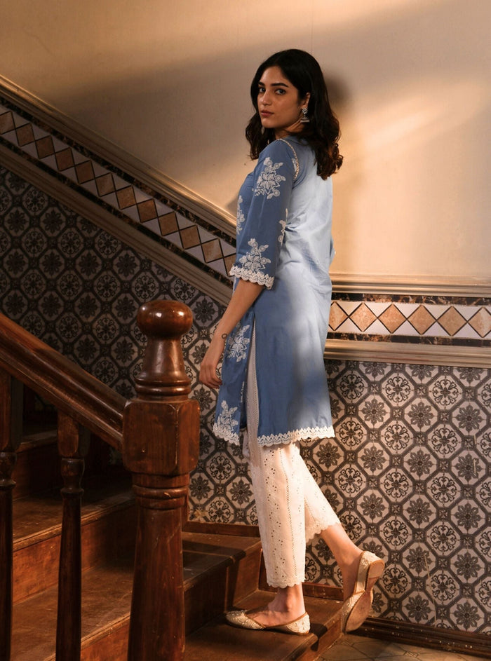 Mulmul Supima Cotton Vertical Boring Emb White Pant