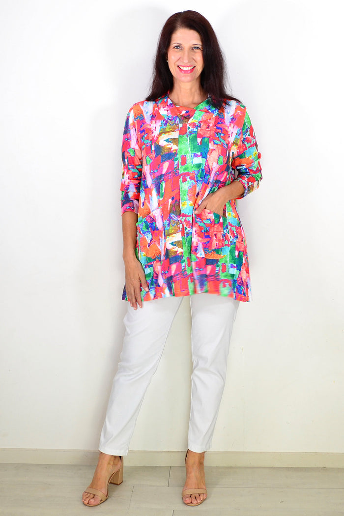 Multicolour abstract print Wishstone tunic top with a relaxed fit, featuring vibrant colors and a stylish, modern design.