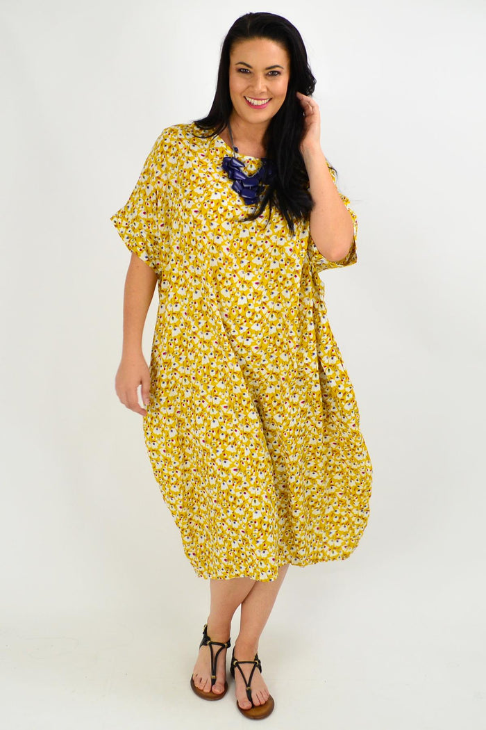 Yellow Mustard Tiny Floral Tunic Dress by La Bay, lightweight casual dress with a floral pattern and relaxed fit.