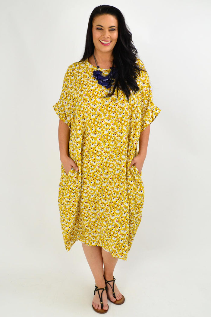 Yellow floral tunic dress by La Bay featuring a mustard small floral pattern, casual long style, perfect for spring and summer.