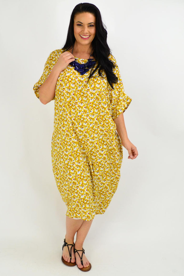 Yellow Mustard Tiny Floral Tunic Dress by La Bay, lightweight casual tunic with delicate floral pattern and relaxed fit.