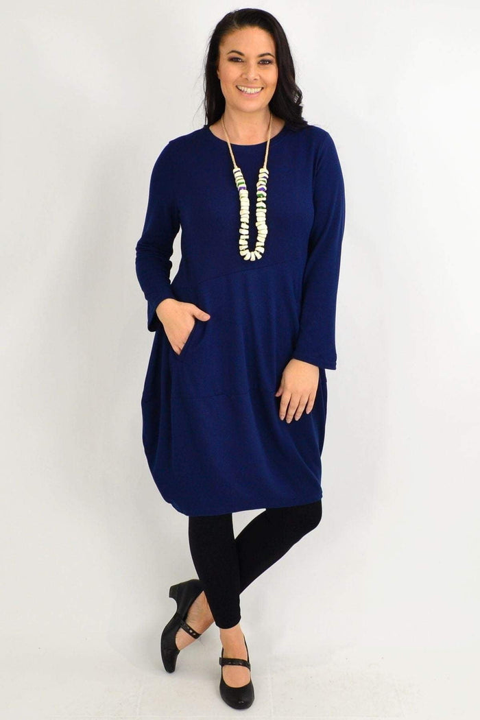 Navy blue cocoon winter pocket tunic dress by Peony featuring a loose fit and cozy fabric, ideal for cold weather wear.