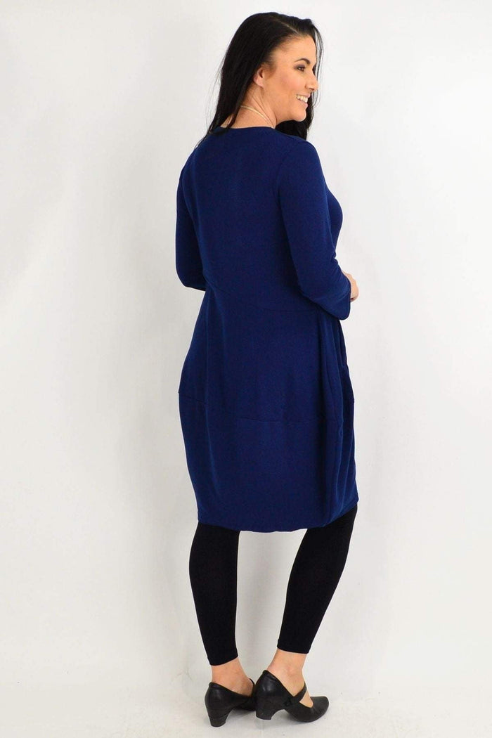Navy blue cocoon winter pocket tunic dress by Peony, featuring a relaxed fit with side pockets and a cozy, stylish design.