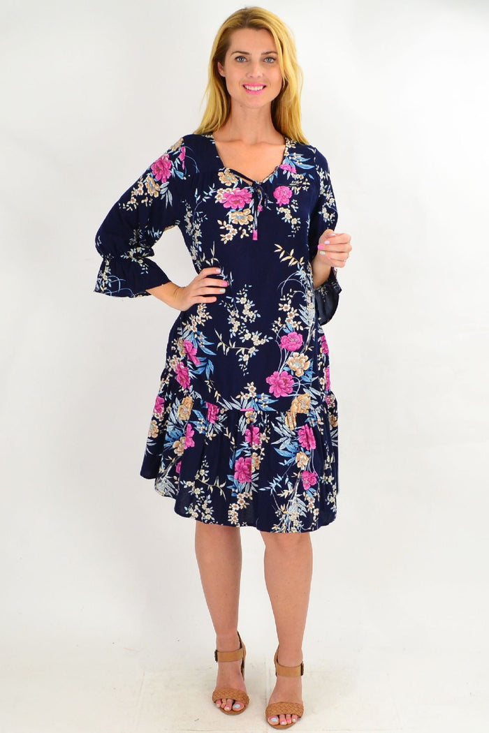 Navy Carnation Flower Sleeve Tunic Dress by Hourglass, featuring floral sleeve details and a relaxed fit for casual wear.