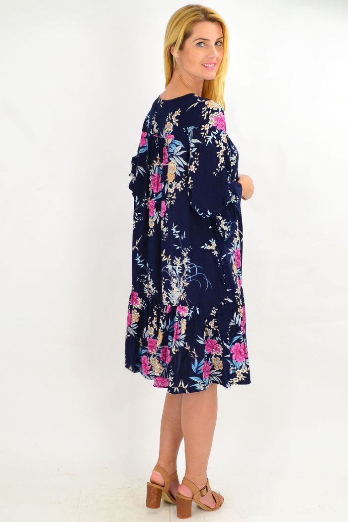 Navy Carnation Flower Sleeve Tunic Dress by Hourglass with floral sleeve details and relaxed fit, perfect for casual or semi-formal wear.