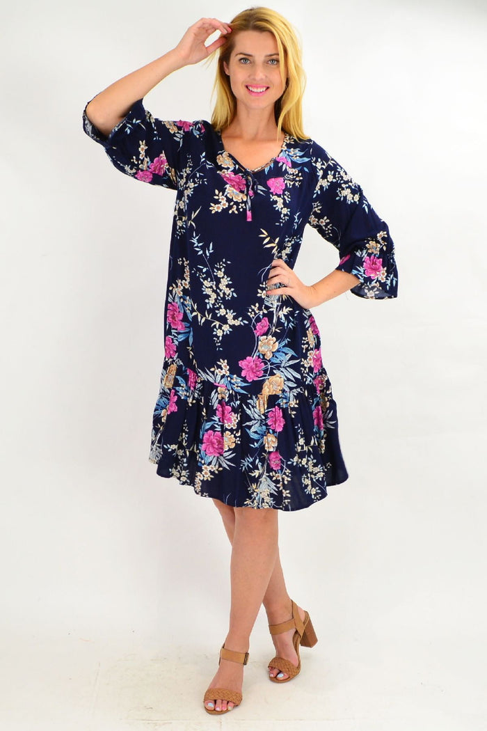 Navy Carnation Flower Sleeve Tunic Dress by Hourglass, featuring floral sleeve details and a relaxed fit.