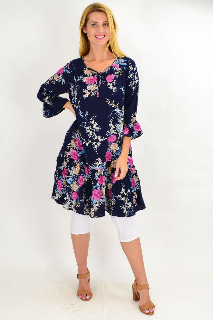 Navy Carnation Flower Sleeve Tunic Dress by Hourglass featuring floral sleeve details and a relaxed fit, perfect for casual wear.