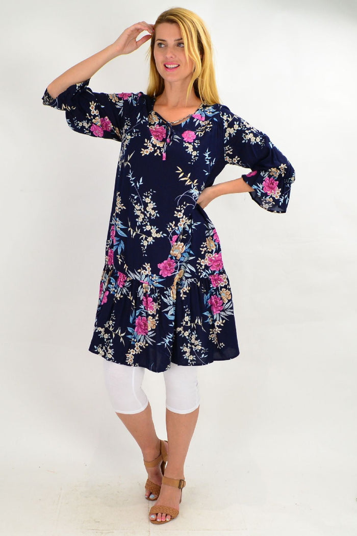 Navy Carnation Flower Sleeve Tunic Dress by Hourglass featuring floral sleeve details and a relaxed fit.