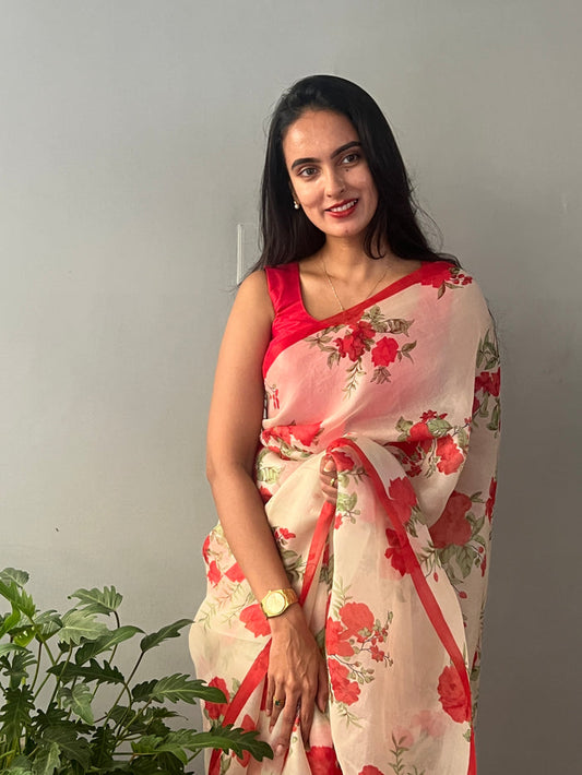 Nisha Bloom Organza Saree - Beige