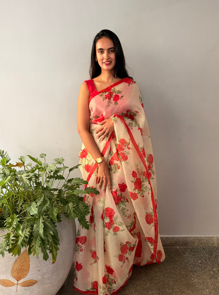 Nisha Bloom Organza Saree - Beige
