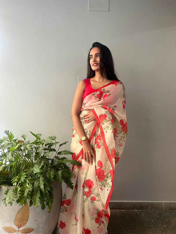 Nisha Bloom Organza Saree - Beige