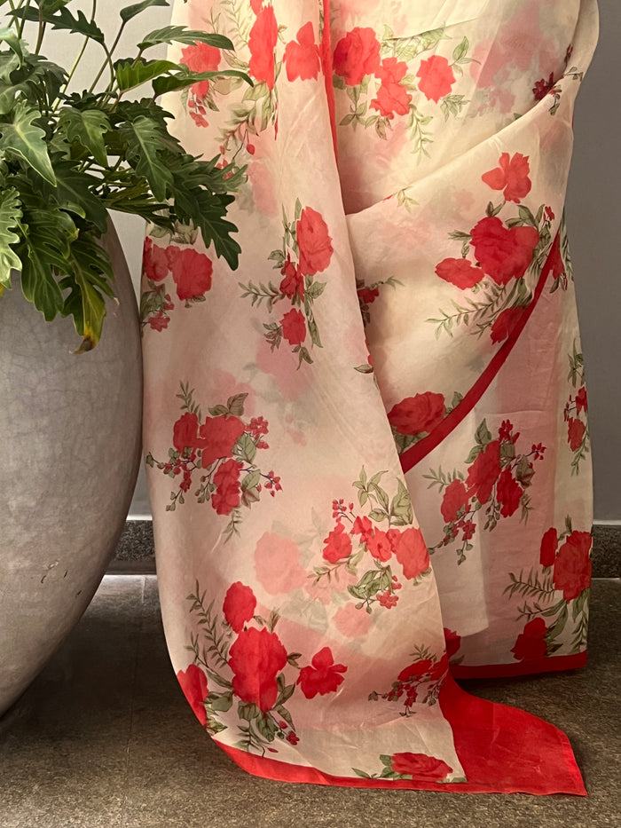 Nisha Bloom Organza Saree - Beige