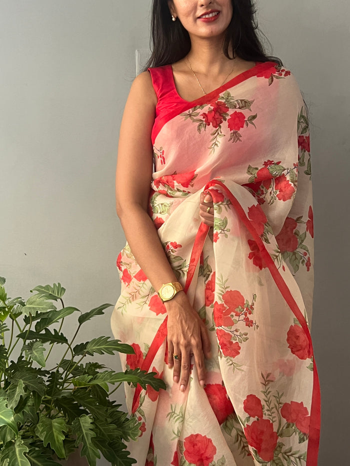 Nisha Bloom Organza Saree - Beige