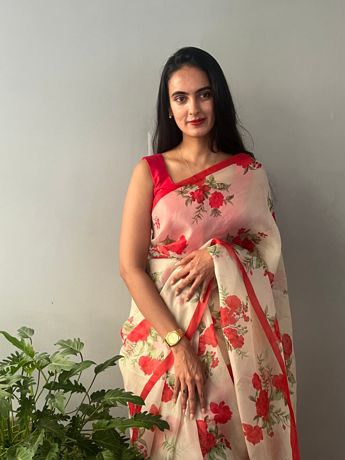 Nisha Bloom Organza Saree - Beige