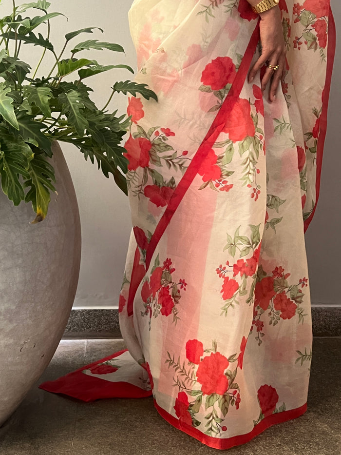 Nisha Bloom Organza Saree - Beige