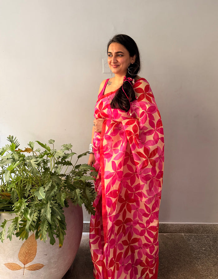Nisha Parijath Organza Saree - Pink