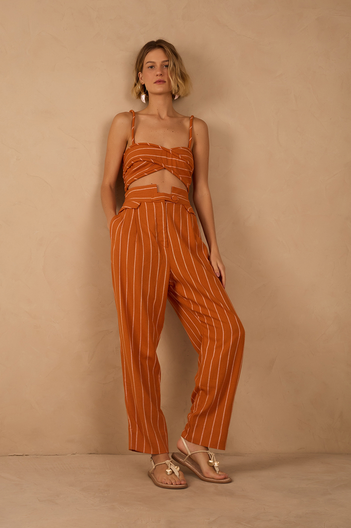 Ochre Striped Pleated Wide-Leg Pants_1