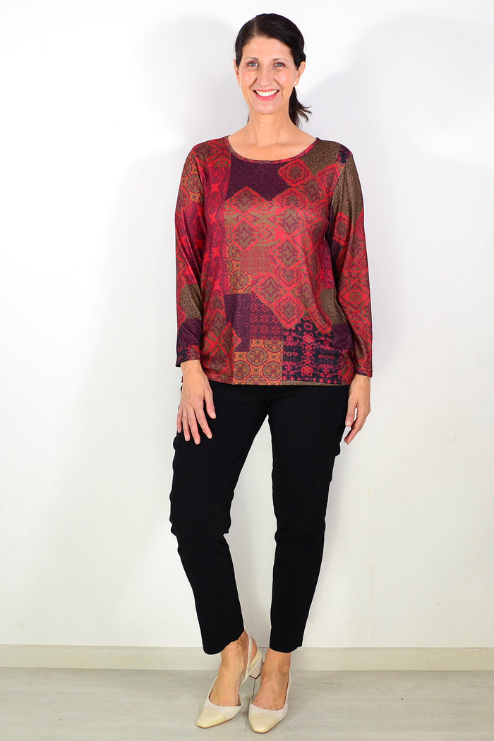 Oriental Red Print Tunic Top by Hourglass featuring vibrant red floral design and comfortable, flowing fabric.
