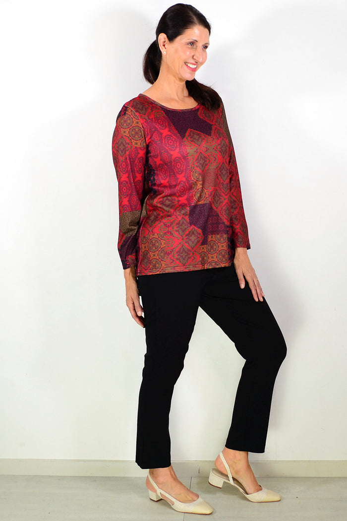 Orange and red printed tunic top by Hourglass featuring an oriental red print design, casual and stylish for everyday wear.