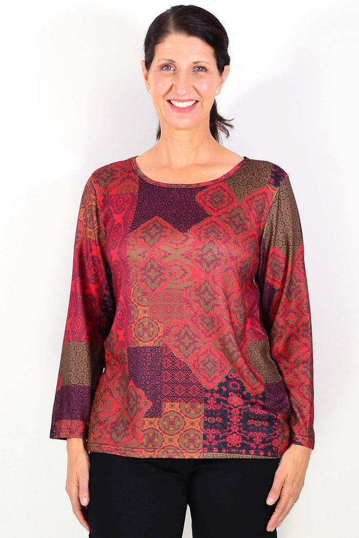 Red Oriental print tunic top from Hourglass, featuring a vibrant design and comfortable fit, ideal for mature fashion styles.