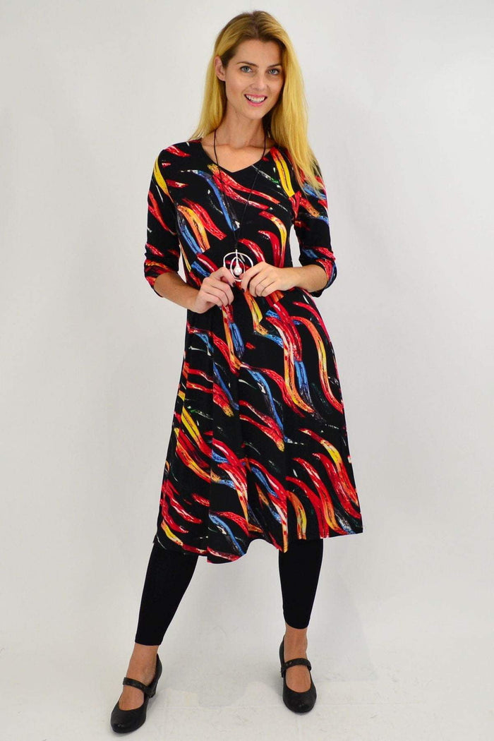 Vuios Paint Splash Midi Tunic Dress featuring a colorful splatter design, casual fit, and knee-length style.