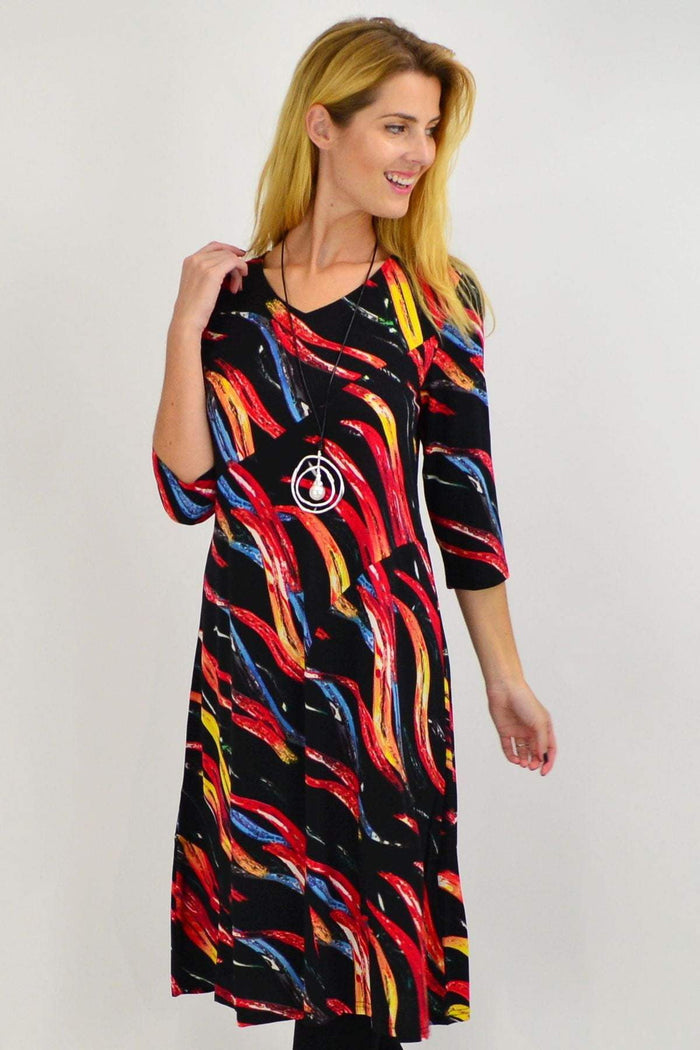 Vuios Paint Splash Midi Tunic Dress with vibrant abstract paint splashes, flowing fabric, and relaxed fit.
