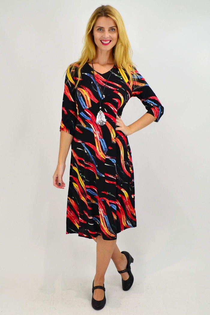 Vuios Paint Splash Midi Tunic Dress featuring a vibrant, artistic splash pattern and flowing midi length fabric.