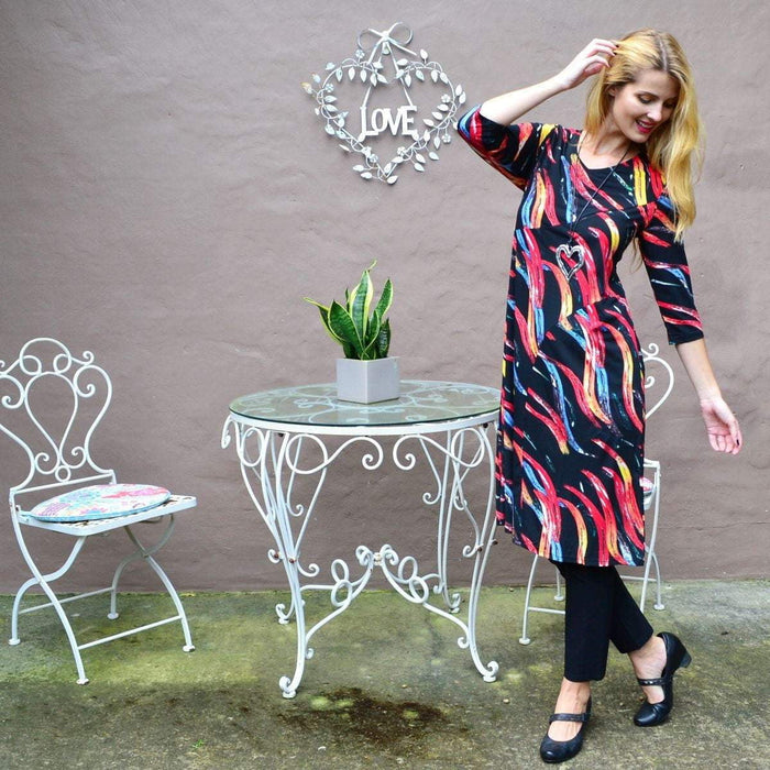 Vuios Paint Splash Midi Tunic Dress featuring colorful paint splashes and a relaxed fit on a stylish women's tunic.