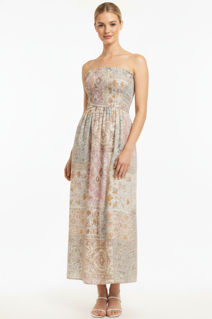Patchwork Smocked Midi Dress