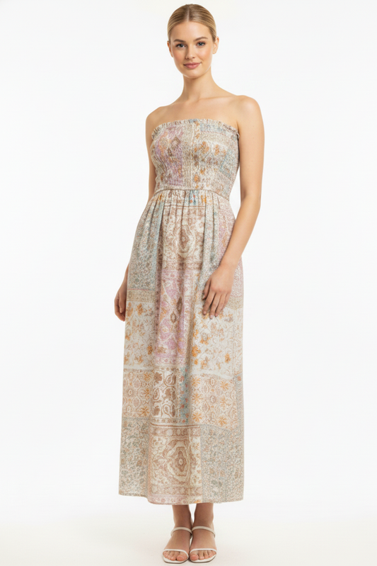 Patchwork Smocked Midi Dress