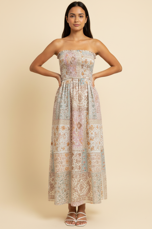 Patchwork Smocked Midi Dress