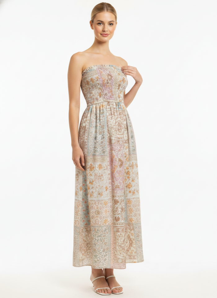 Patchwork Smocked Midi Dress