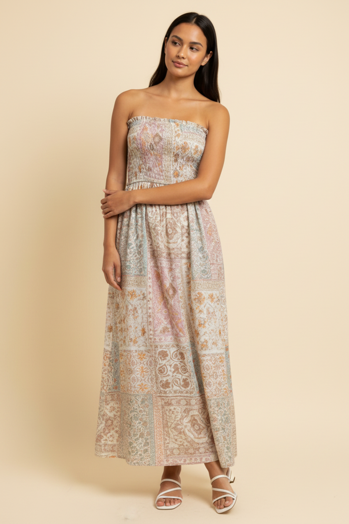 Patchwork Smocked Midi Dress