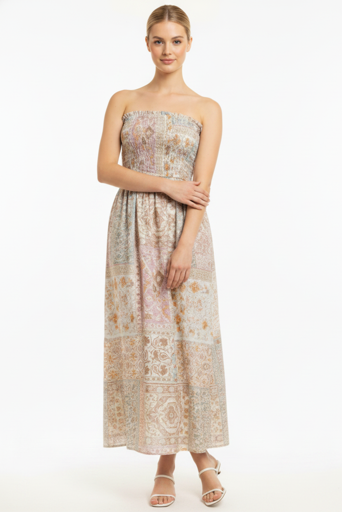 Patchwork Smocked Midi Dress