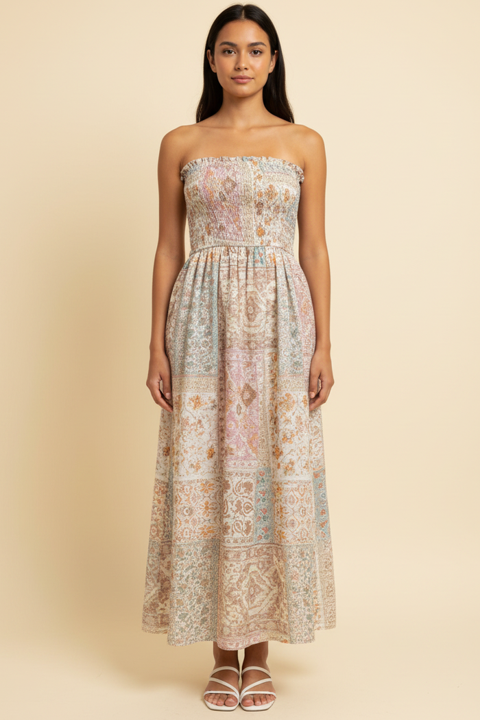 Patchwork Smocked Midi Dress