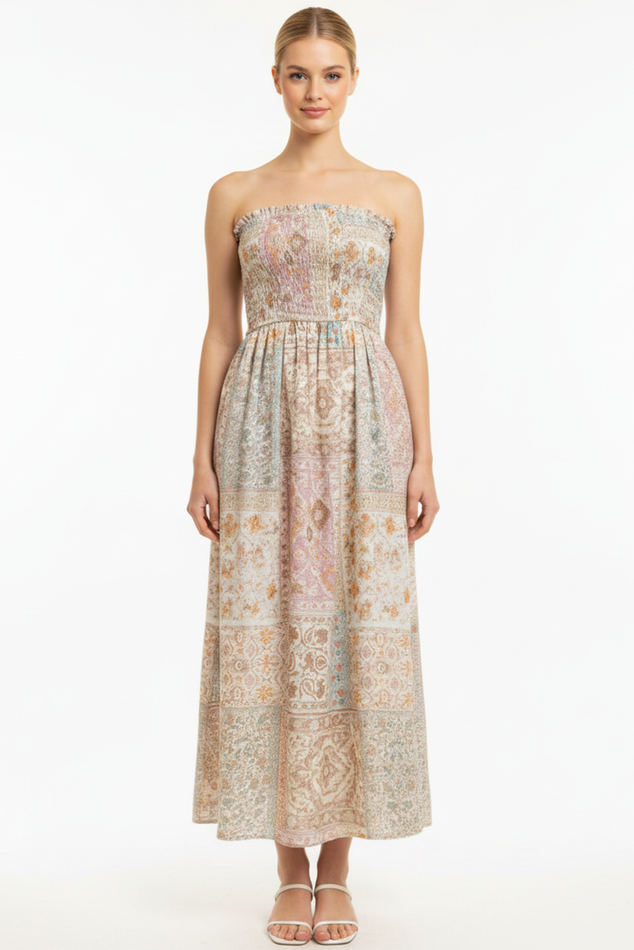 Patchwork Smocked Midi Dress