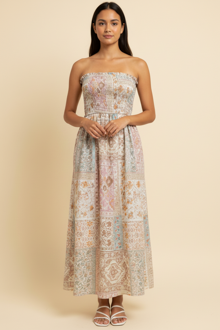 Patchwork Smocked Midi Dress