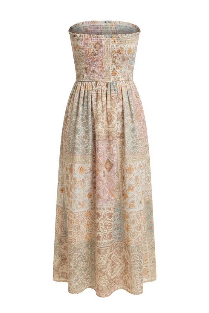 Patchwork Smocked Midi Dress