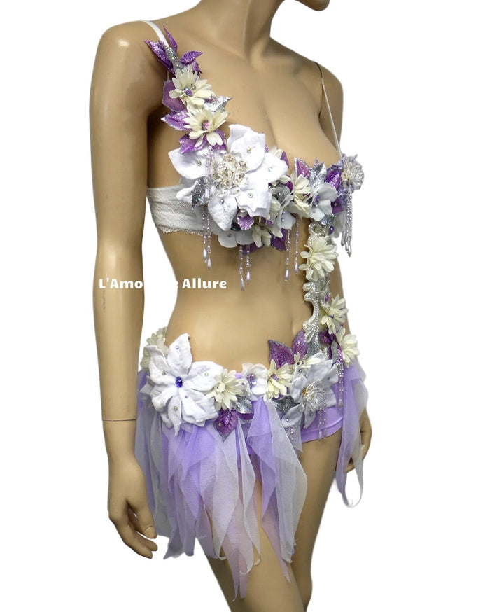 Pearl Lavender White Fairy Monokini Costume – Handmade Dance & Rave Bra Set