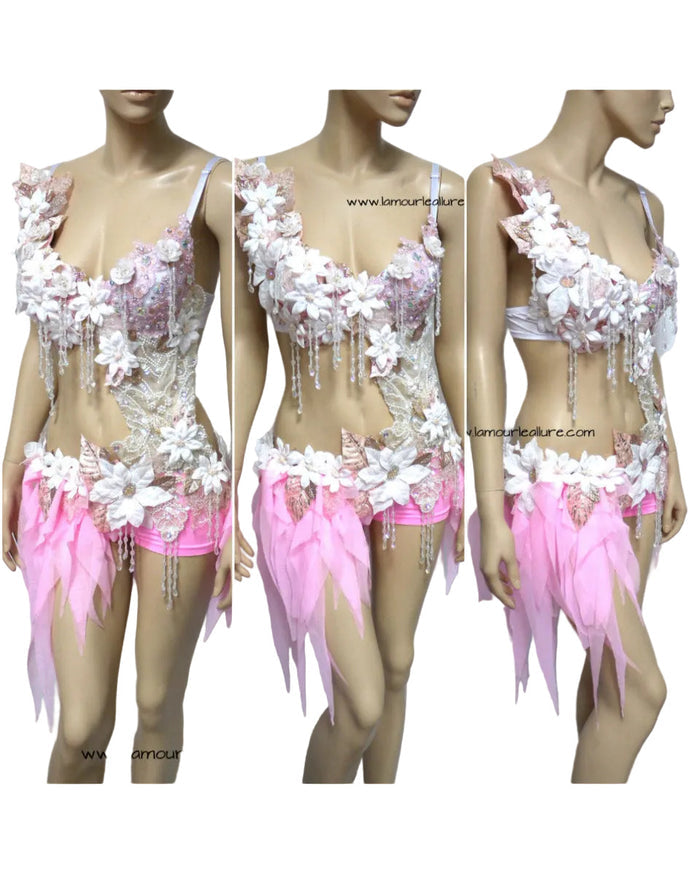 Pearl Pink White Fairy Monokini Dance Costume Rave Halloween