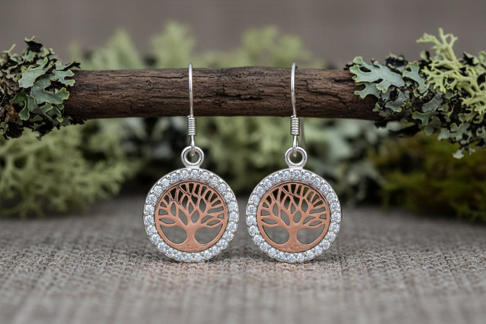 vkngjewelry Earring Sterling Silver With Rose Gold Viking Yggdrasil And Cubic Zirconia Earrings