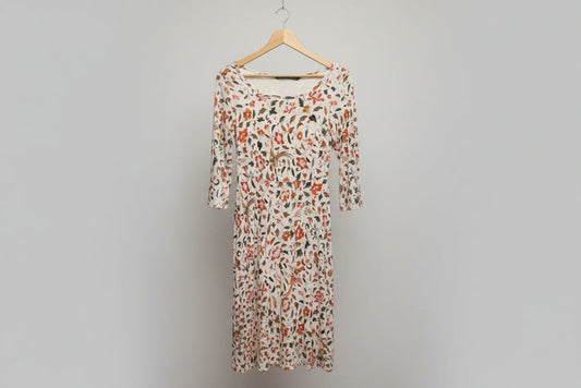 Peruvian Connection (S) Beige Disty Floral Midi Swing Dress UK 8 10 EU 36 38