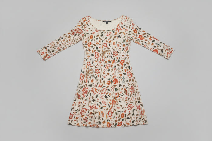 Peruvian Connection (S) Beige Disty Floral Midi Swing Dress UK 8 10 EU 36 38