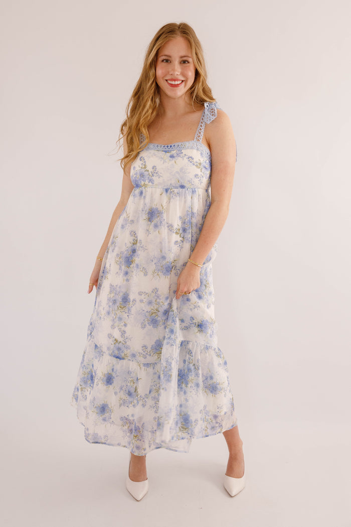 Women's Blue And Green Flower Dress- Blue Crotchet Dress- Blu Pepper Floral Maxi Dress