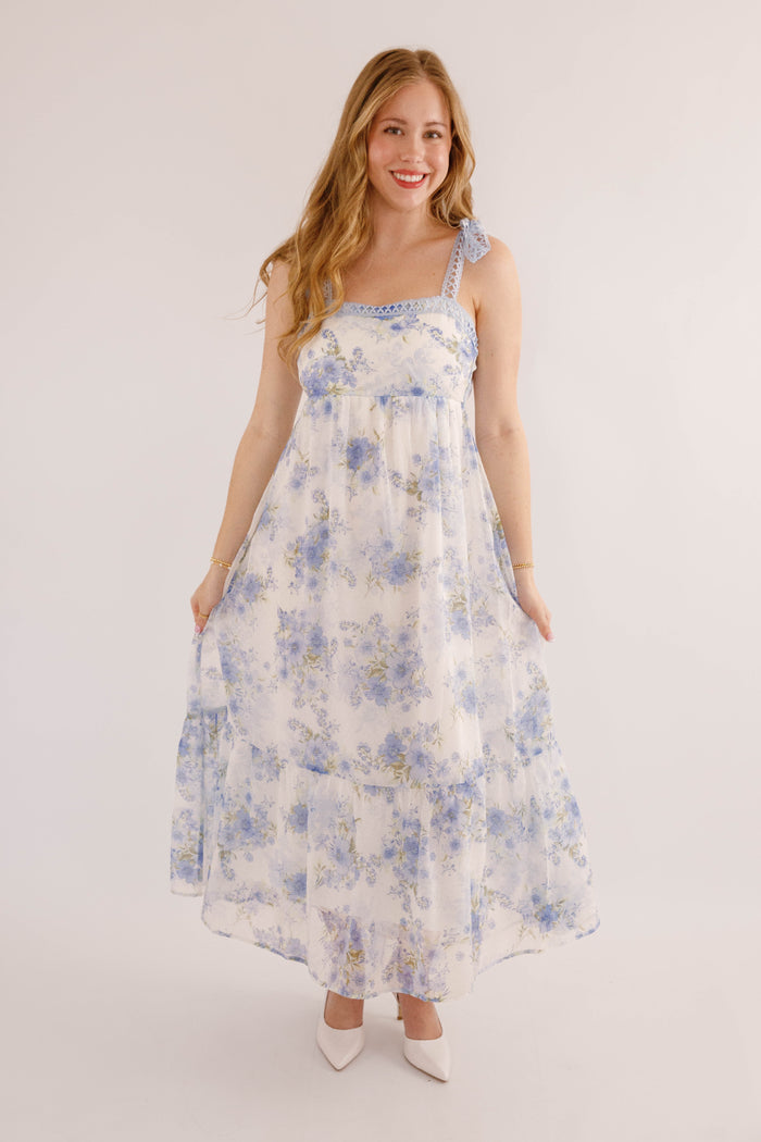 Women's Blue And Green Flower Dress- Blue Crotchet Dress- Blu Pepper Floral Maxi Dress
