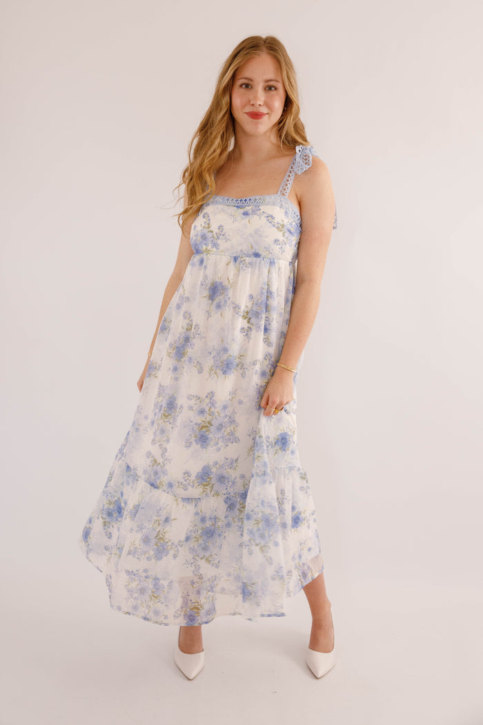 Women's Blue And Green Flower Dress- Blue Crotchet Dress- Blu Pepper Floral Maxi Dress