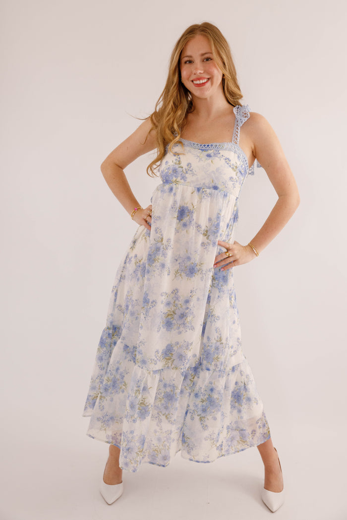 Women's Blue And Green Flower Dress- Blue Crotchet Dress- Blu Pepper Floral Maxi Dress