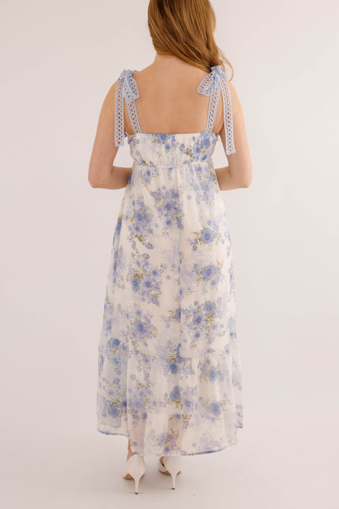 Women's Blue And Green Flower Dress- Blue Crotchet Dress- Blu Pepper Floral Maxi Dress