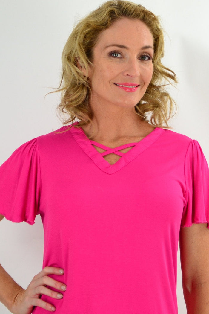 Pink diamond flutter sleeve tunic tee from I Love Tunics, featuring a relaxed fit and stylish flutter sleeves.