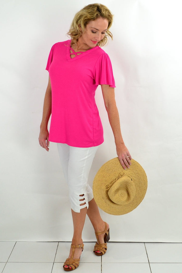 Pink diamond flutter sleeve tunic tee from I Love Tunics, showing a lightweight, flowy fabric with flutter sleeves and a relaxed fit.